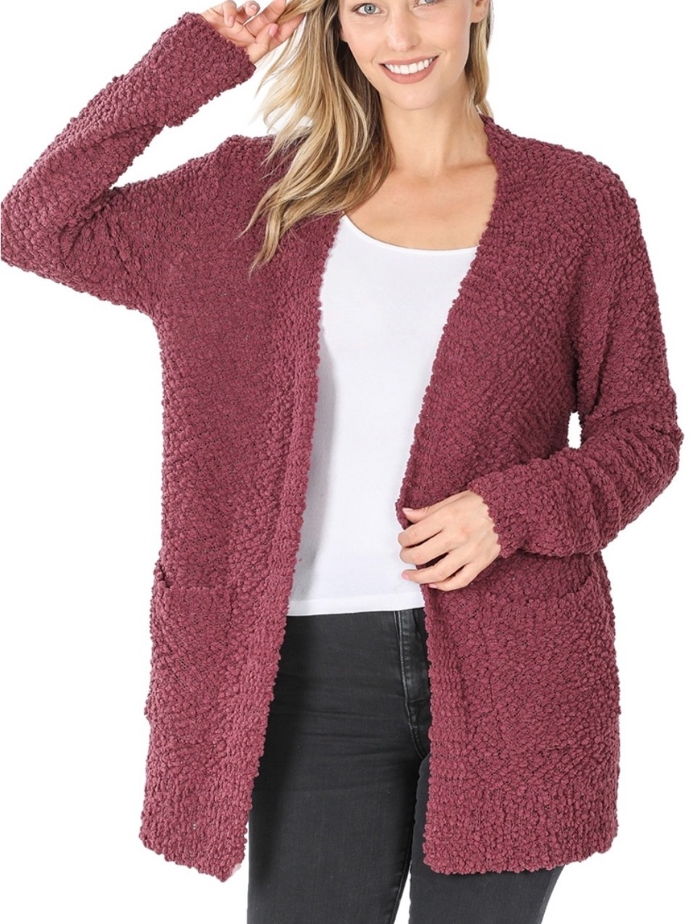 NWT Zenana Popcorn Knit Open Front Cardigan Sweater with Pockets LARGE